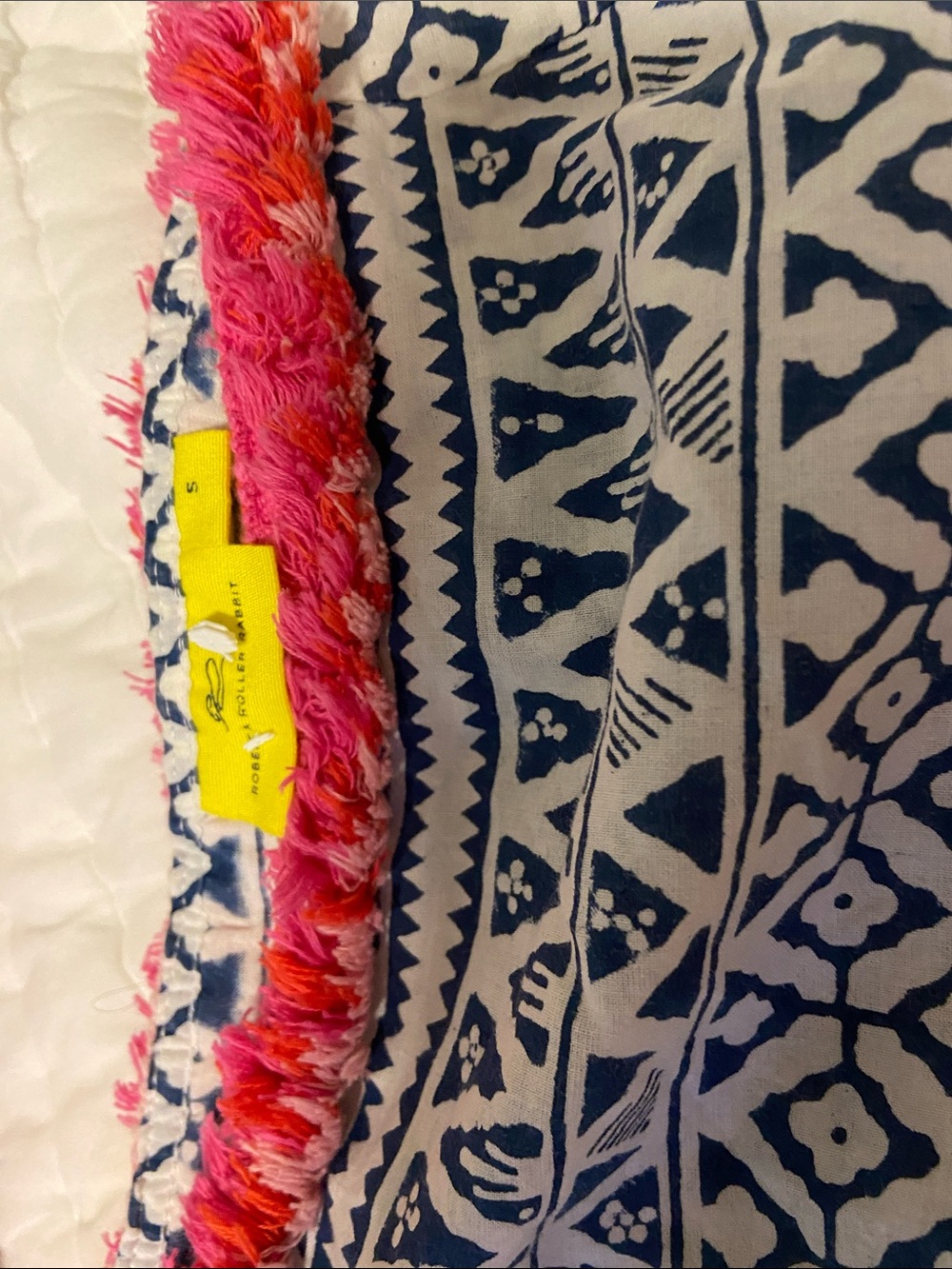 Roberta Roller Rabbit Navy White Boho Tunic Pink Fringe Dress Beach Cover Sz S - Picture 3 of 3